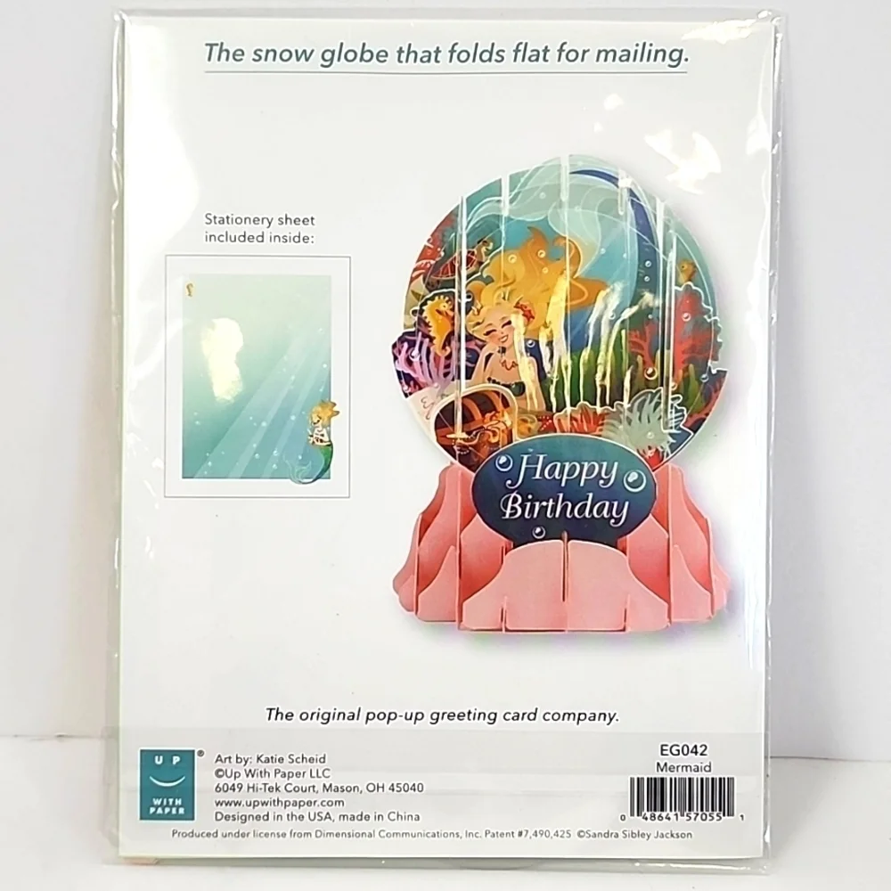 Greetings Birthday Card + 6x Ornate Hair Clips Pop-Up Snow Globe, NWOT.